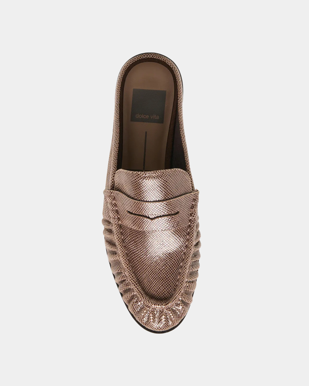 Top view of the Dolce Vita Betzy Loafer in brown embossed suede with penny loafer strap and ruched moc toe.