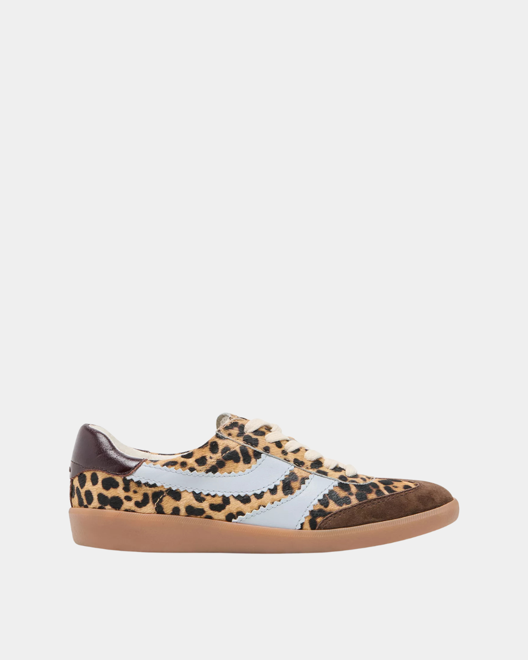Side view of the Dolce Vita Merit Leopard Sneakers highlighting the leopard calf hair upper, leather side panels, suede trim, and classic low-top silhouette.