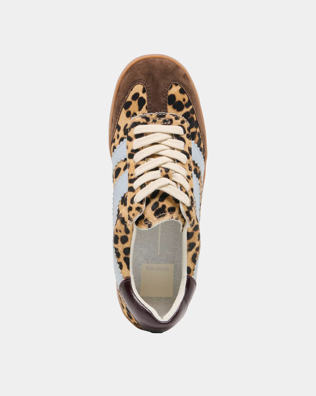 Top view of the Dolce Vita Merit Leopard Sneakers featuring genuine leopard calf hair, suede toe cap, leather accents, and lace-up design.