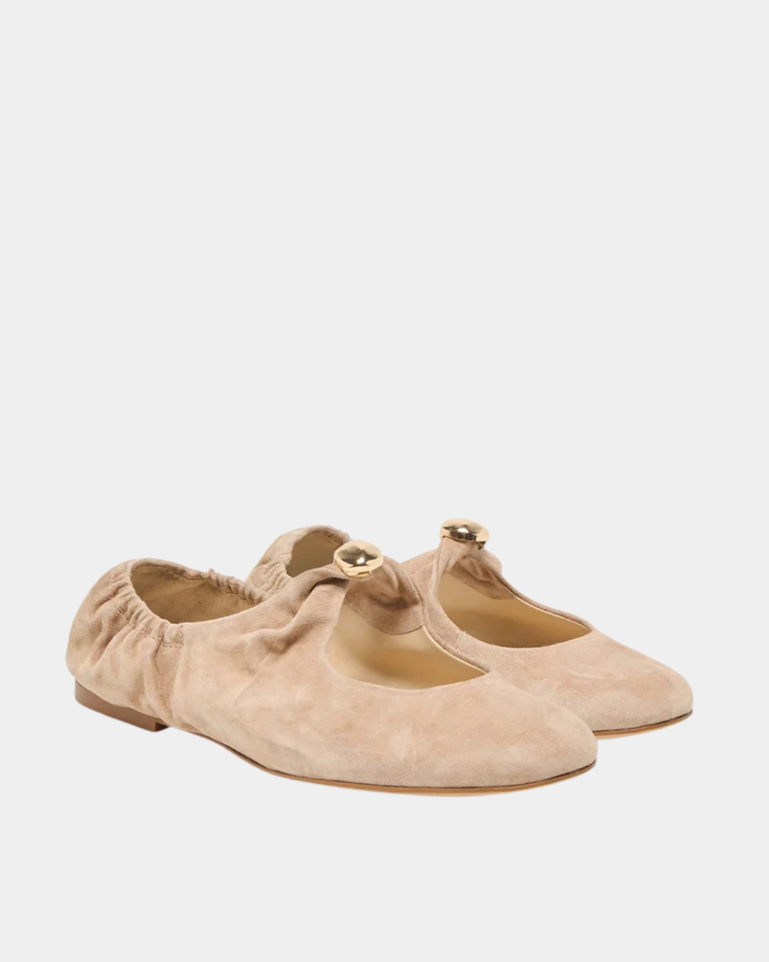Dolce Vita Suede Cornel Ballet Flats in camel with gathered sides and sculptural gold hardware, front angled view.