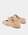 Dolce Vita Suede Cornel Ballet Flats in camel with gathered heel and gold hardware, rear angled view.