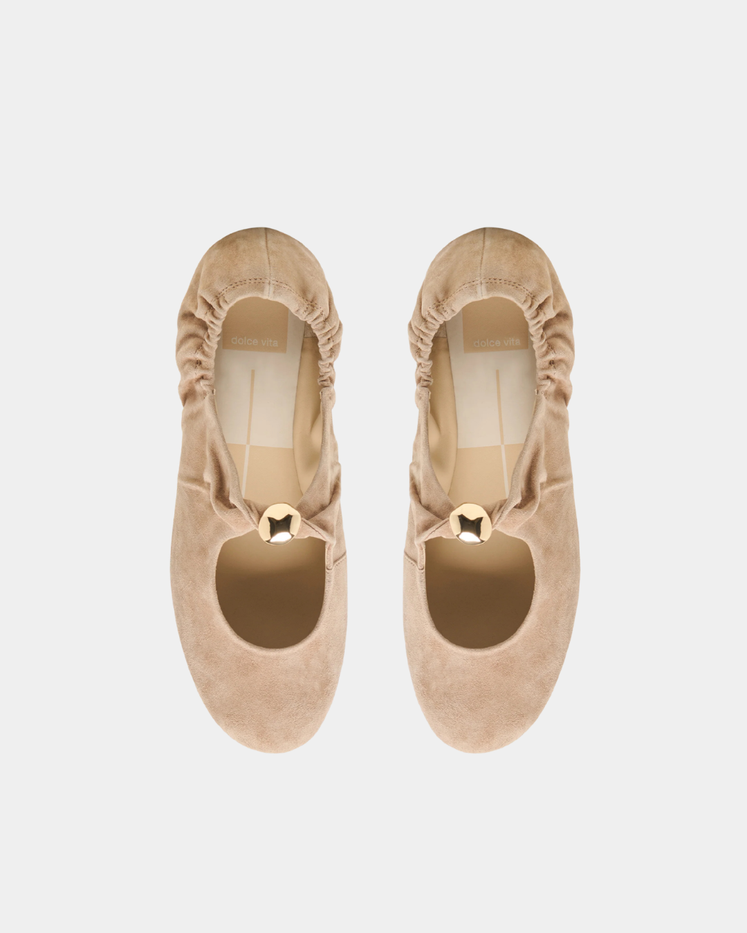 Dolce Vita Suede Cornel Ballet Flats in camel shown from above with ruching and sculptural gold hardware.