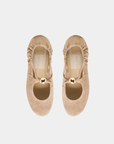 Dolce Vita Suede Cornel Ballet Flats in camel shown from above with ruching and sculptural gold hardware.