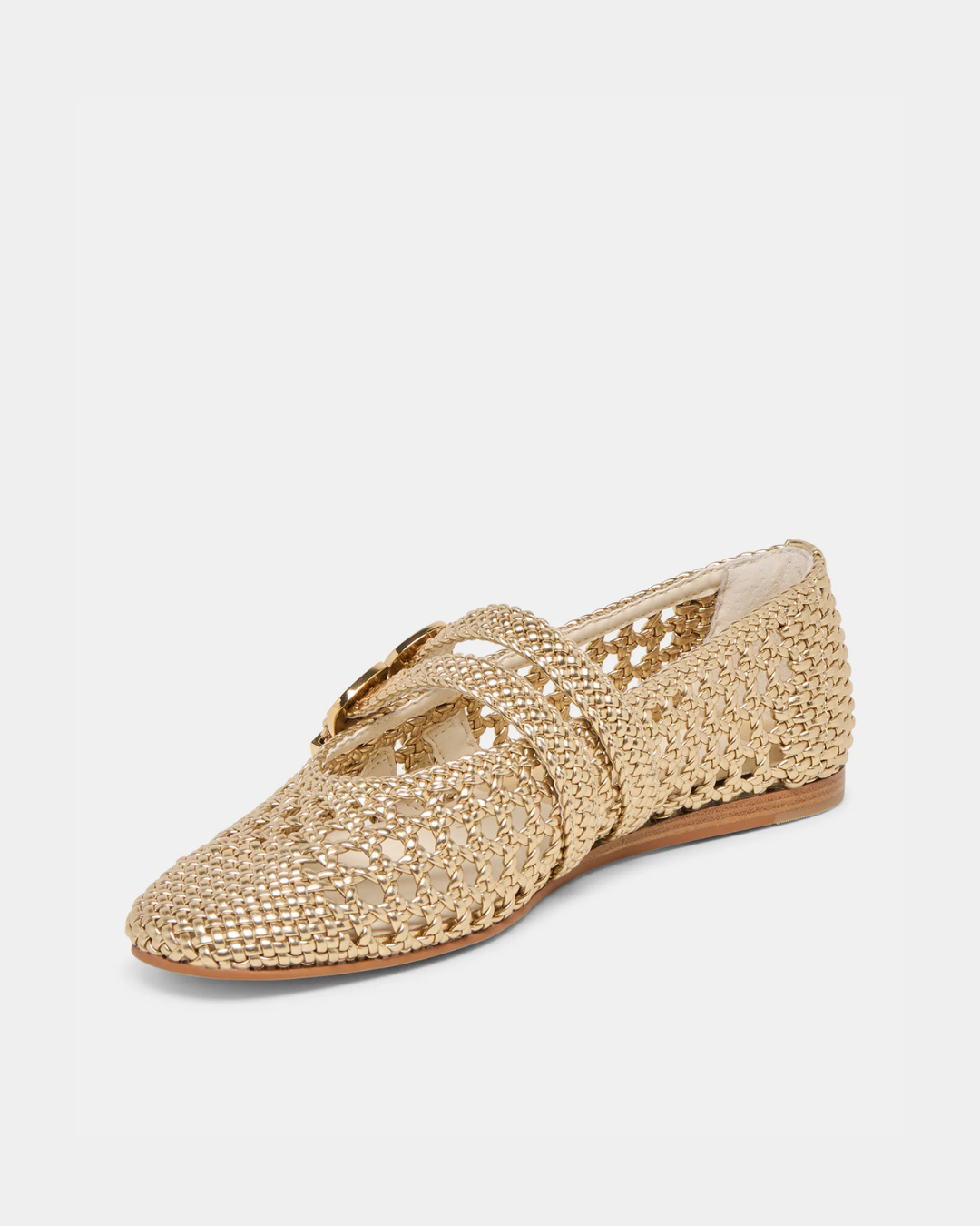 Dolce Vita women’s ballet flats crafted with a woven upper in a metallic gold finish