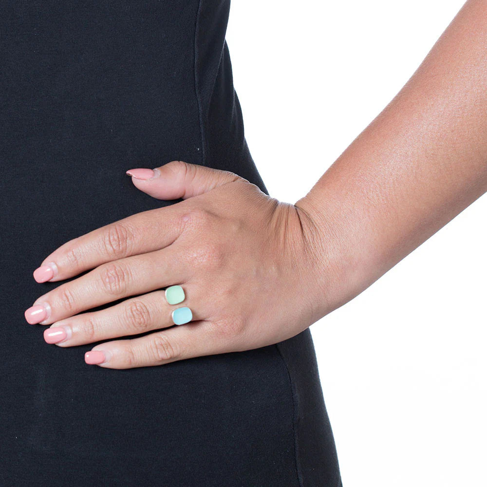 Handcrafted double seaglass ring with organic coastal inspiration on model