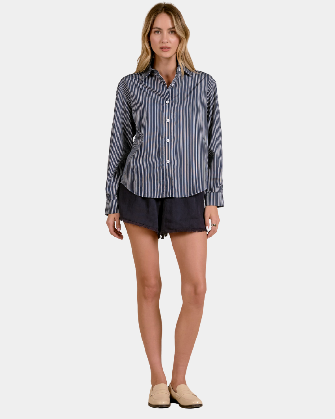Elan Corey striped button down shirt in Blue Stripe with a relaxed oversized fit, front view.