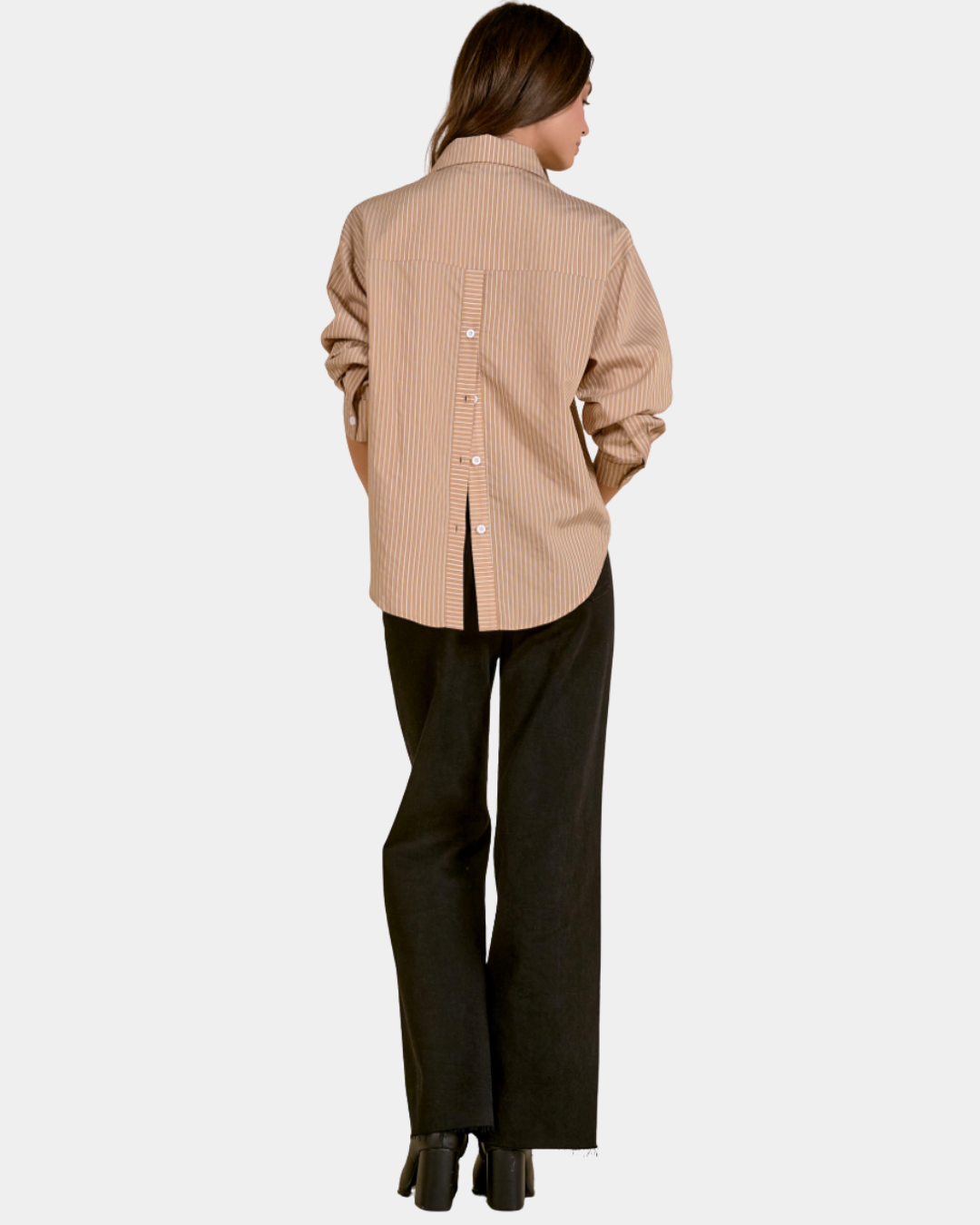Back view of the Elan Corey striped button down shirt in Camel Stripe showing the distinctive button-back detail.