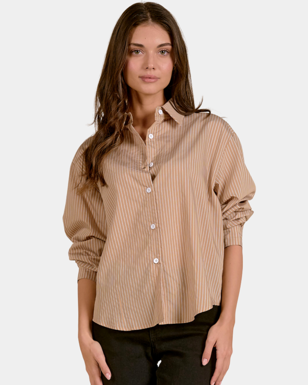 Close-up of the Elan Corey shirt in Camel Stripe showing the point collar, white buttons and fine striped pattern.