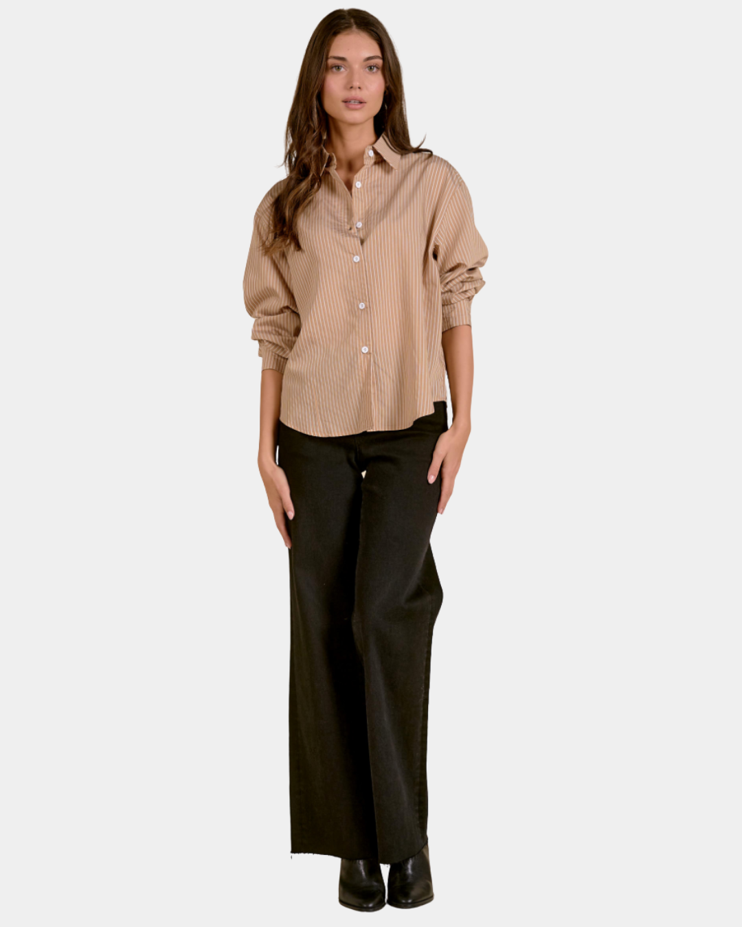 Elan Corey striped button down shirt in Camel Stripe with a relaxed oversized silhouette, front view.
