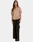 Elan Corey striped button down shirt in Camel Stripe with a relaxed oversized silhouette, front view.