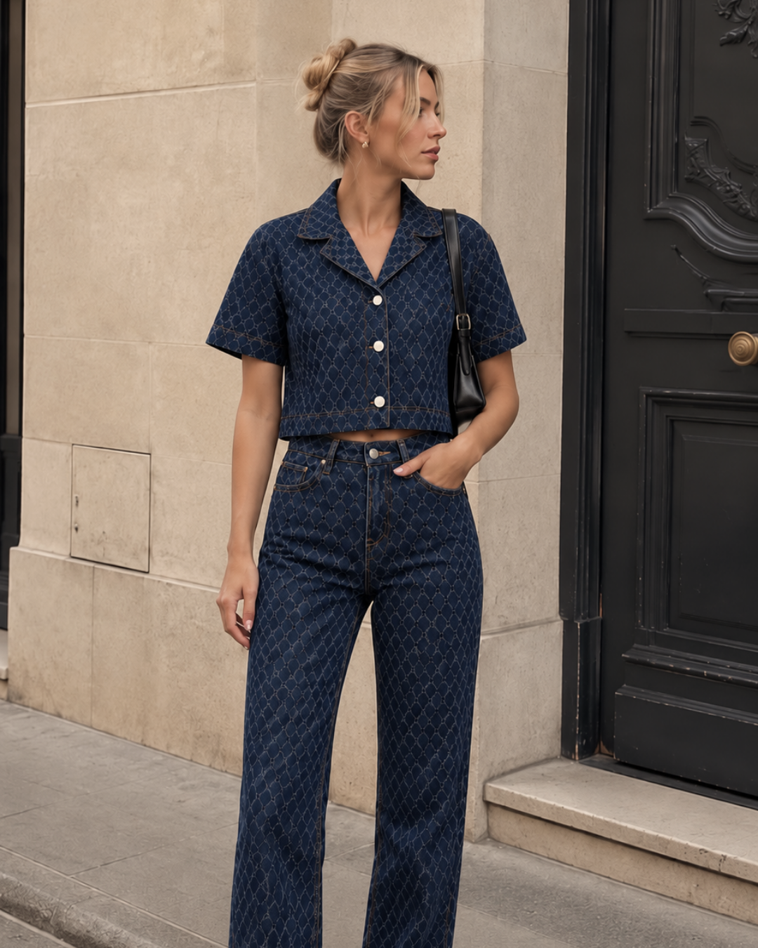Elan Dara cropped denim top in dark indigo diamond-pattern denim with a wide collar