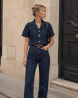Elan Dara cropped denim top in dark indigo diamond-pattern denim with a wide collar