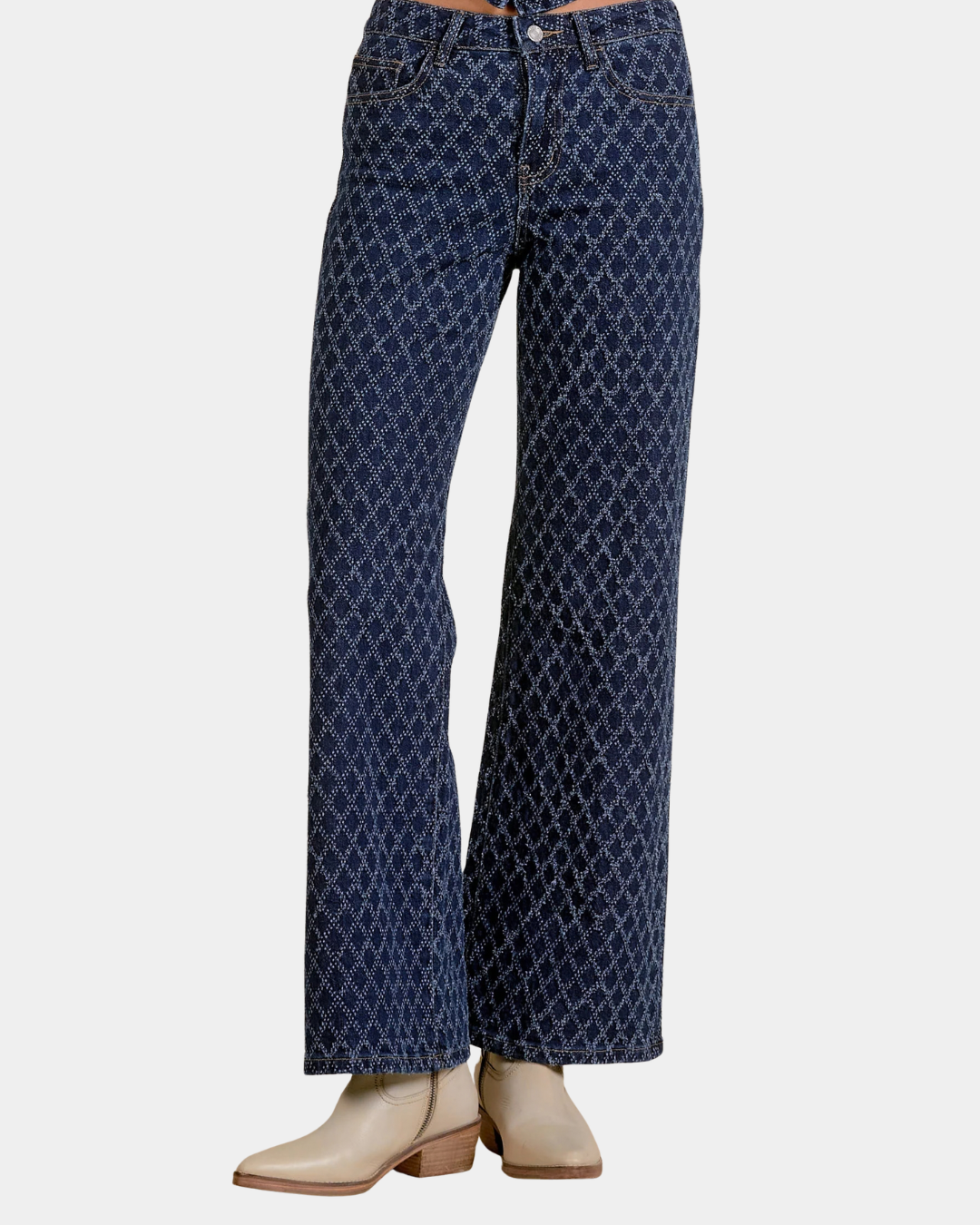 Detail view of Elan Diamond high rise wide leg jeans showing the diamond denim pattern