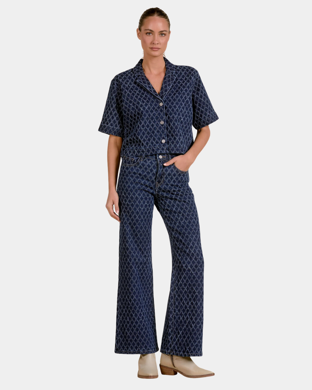 Front view of Elan Diamond high rise wide leg jeans in dark indigo patterned denim