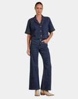 Front view of Elan Diamond high rise wide leg jeans in dark indigo patterned denim