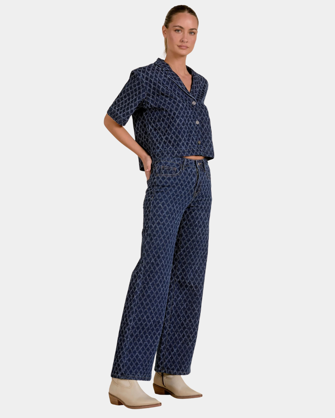 Elan Diamond high rise wide leg jeans styled with the coordinating denim top