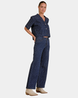 Elan Diamond high rise wide leg jeans styled with the coordinating denim top