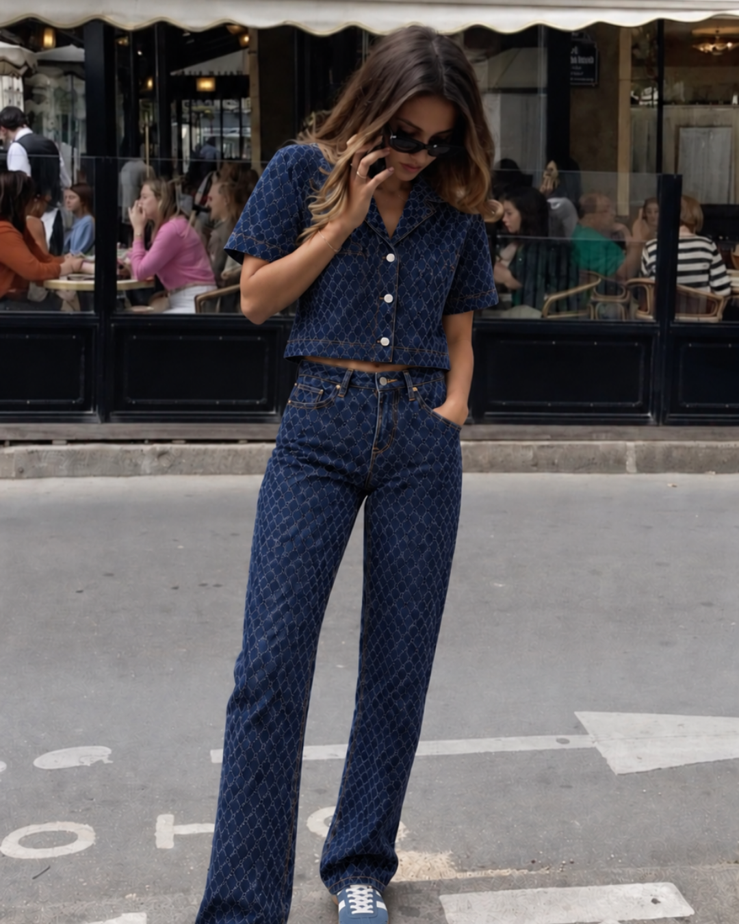 Elan Diamond high rise wide leg jeans in dark indigo diamond-pattern denim