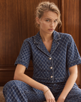 Elan Dara Diamond Denim Top styled with matching high rise wide leg jeans