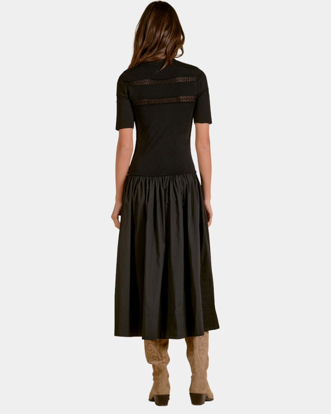 Back view of the Elan Ember mixed media midi dress in black with open-knit yoke detailing and full skirt.