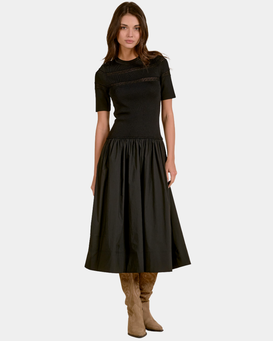 Elan Ember mixed media midi dress in black with fitted knit bodice and full gathered skirt, front view.