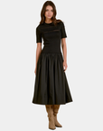 Elan Ember mixed media midi dress in black with fitted knit bodice and full gathered skirt, front view.