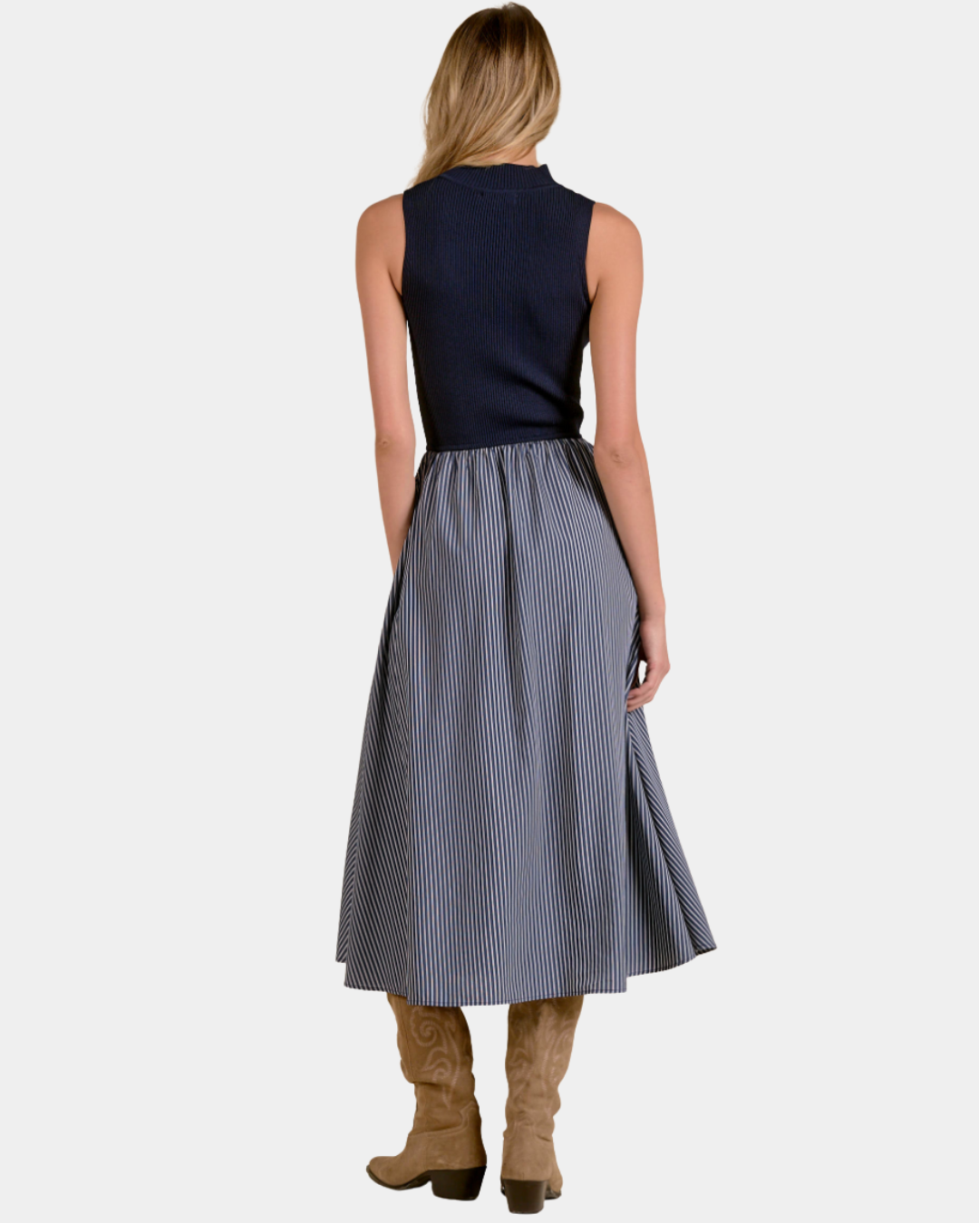 Back view of the Elan Harlow midi dress in Blue Stripe with sleeveless ribbed bodice and striped skirt.