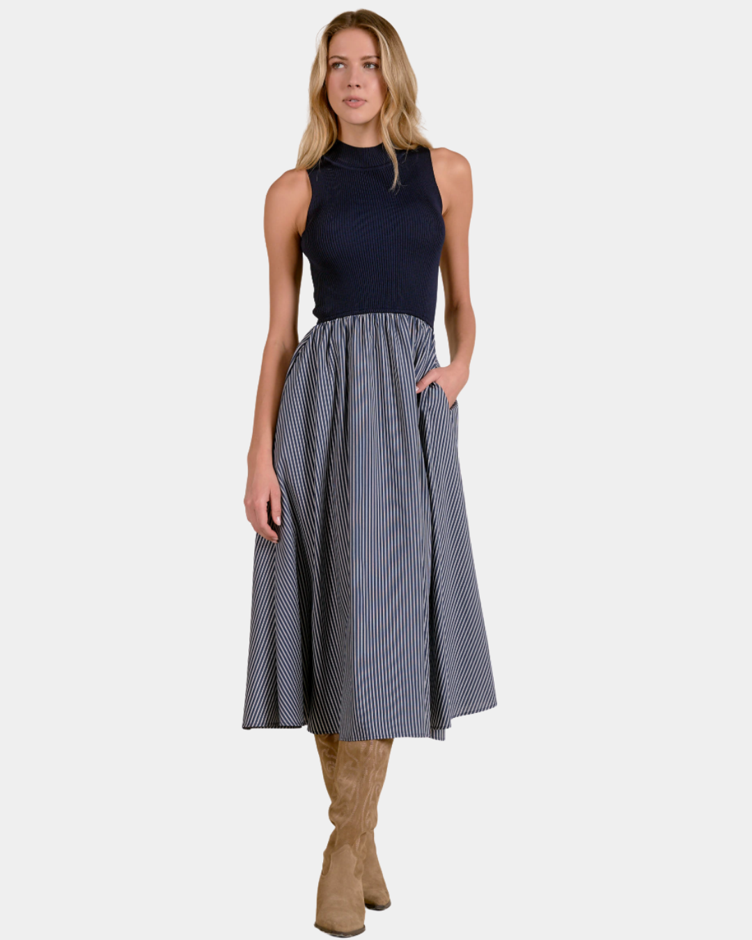 Elan Harlow mixed media midi dress in Blue Stripe with navy ribbed bodice and full striped skirt, front view.