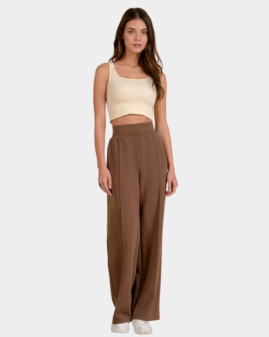 Front view of Elan Marley Wide Leg Pants in mocha with a relaxed full-length silhouette.