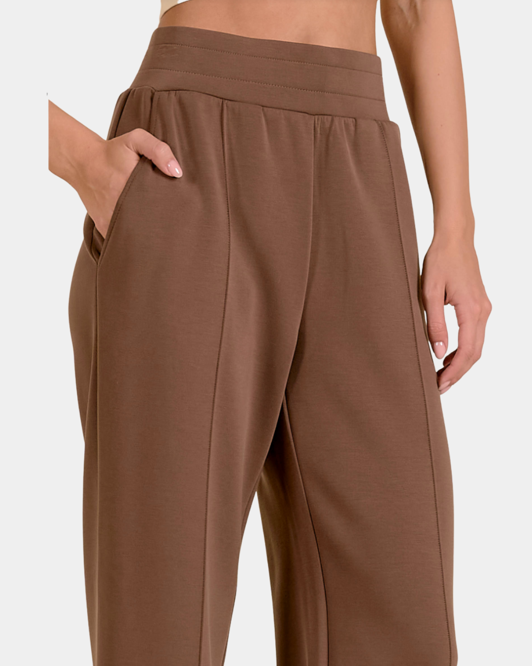 Side view of Elan Marley Wide Leg Pants in mocha showing the fluid drape and wide-leg silhouette.