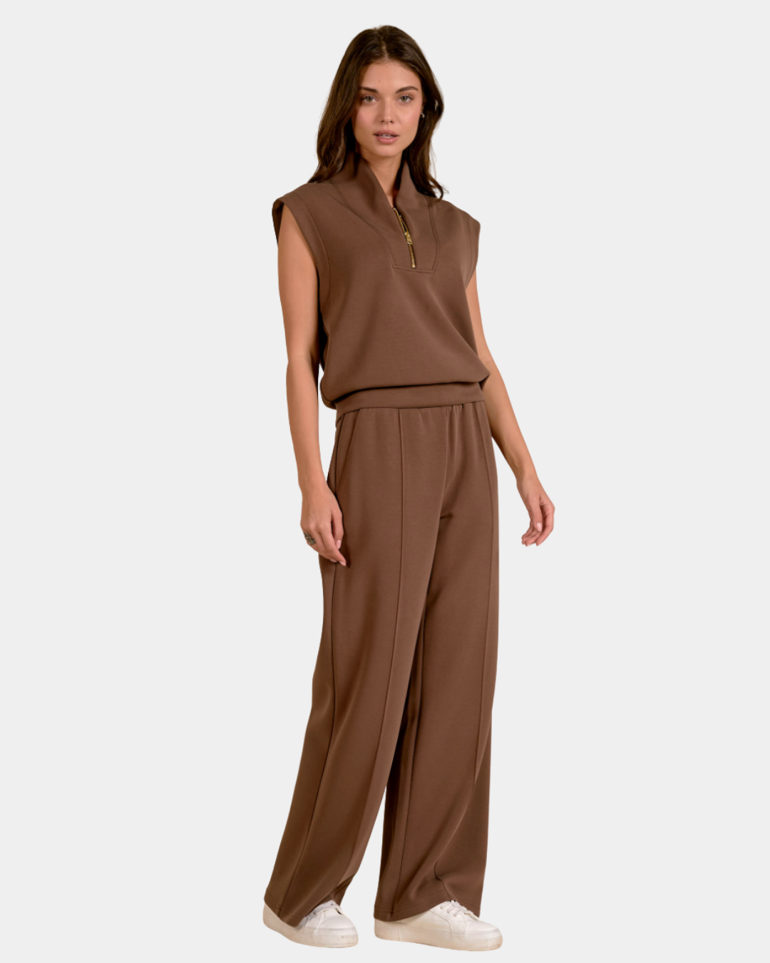 Elan Marley Zip Sleeveless Pullover in mocha with stand collar and gold-tone quarter zip, front view.