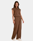 Elan Marley Zip Sleeveless Pullover in mocha with stand collar and gold-tone quarter zip, front view.