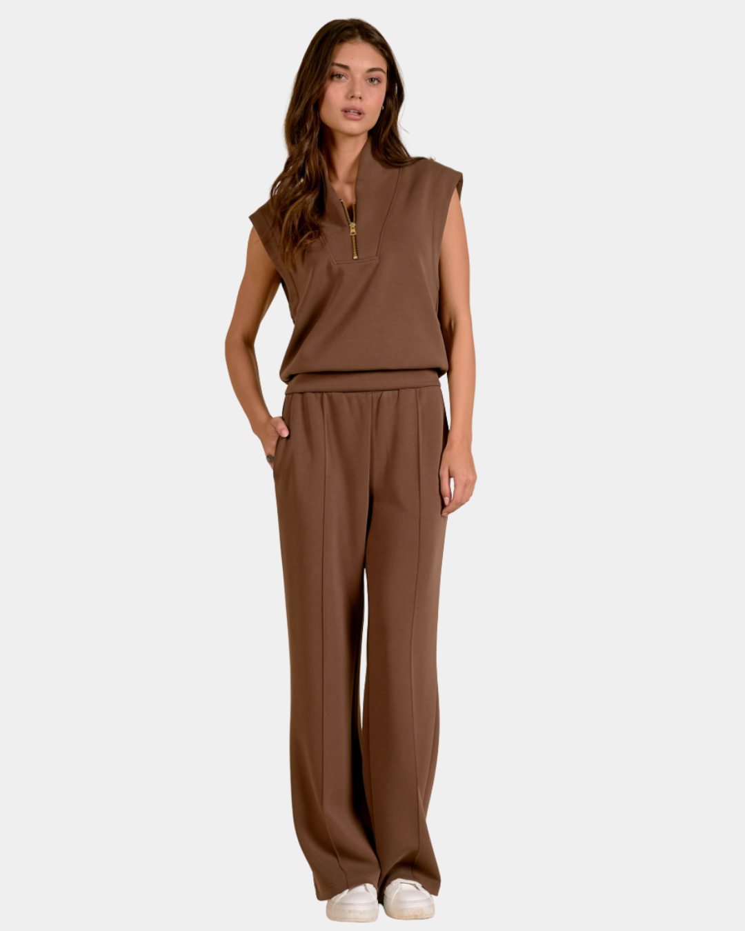 Elan Marley Zip Sleeveless Pullover in mocha styled with the matching wide leg pants.