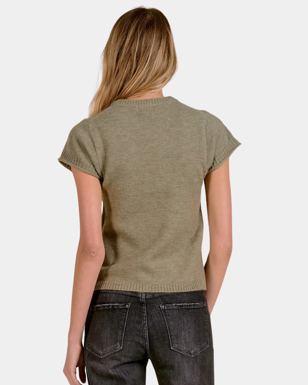 Back view of the Elan Sam Short Sleeve Sweater in Light Olive