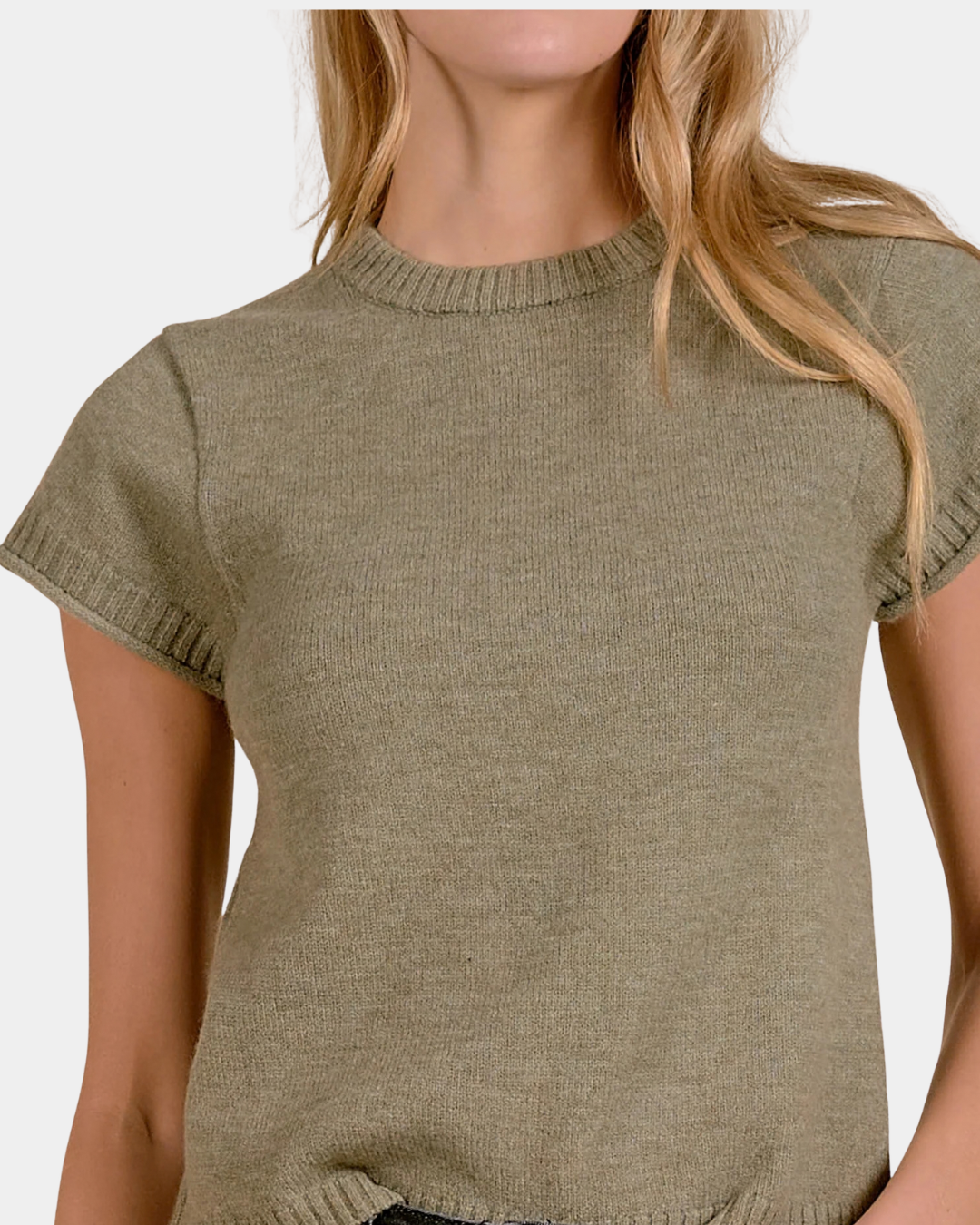 Detail of the Elan Sam Short Sleeve Sweater in Light Olive showing the crew neckline and ribbed trim