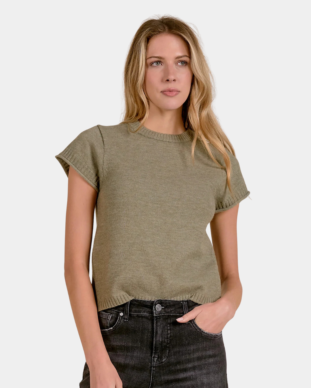 Front view of the Elan Sam Short Sleeve Sweater in Light Olive styled on model