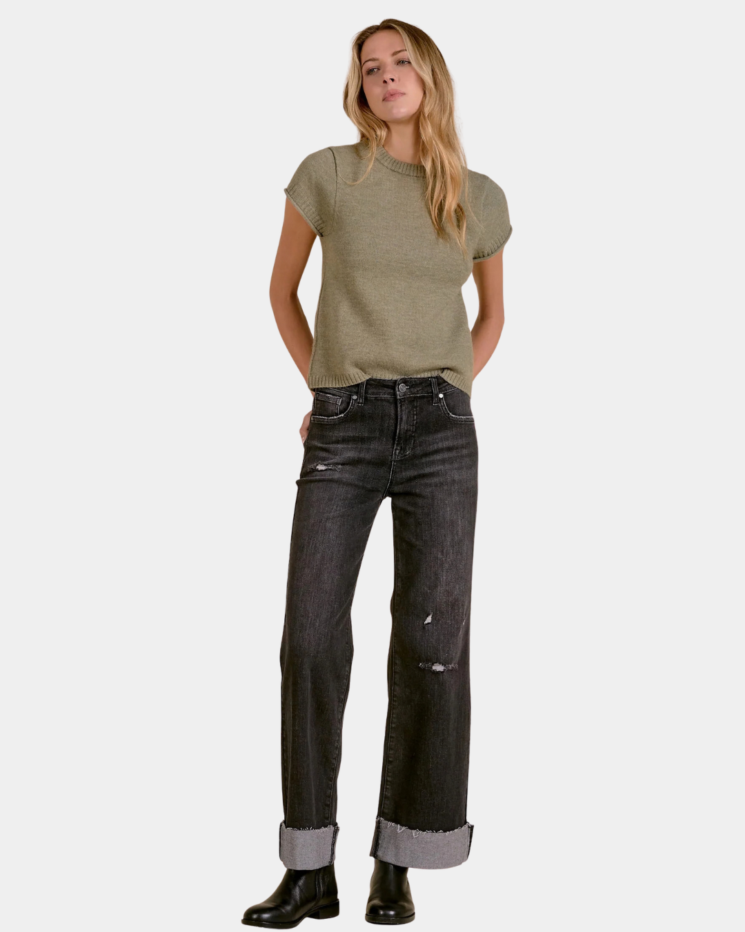 Elan Sam Short Sleeve Sweater in Light Olive styled with black cuffed jeans