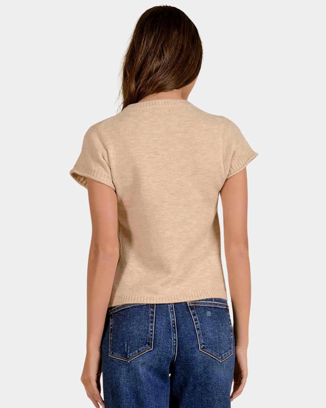 Back view of the Elan Sam Short Sleeve Sweater in Stone