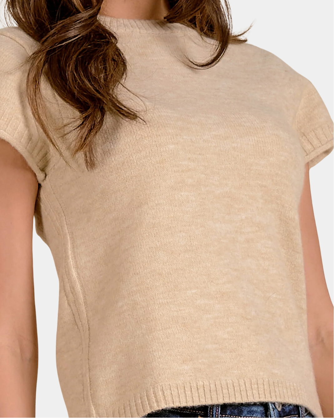 Detail of the Elan Sam Short Sleeve Sweater in Stone showing the lightweight knit and ribbed trim