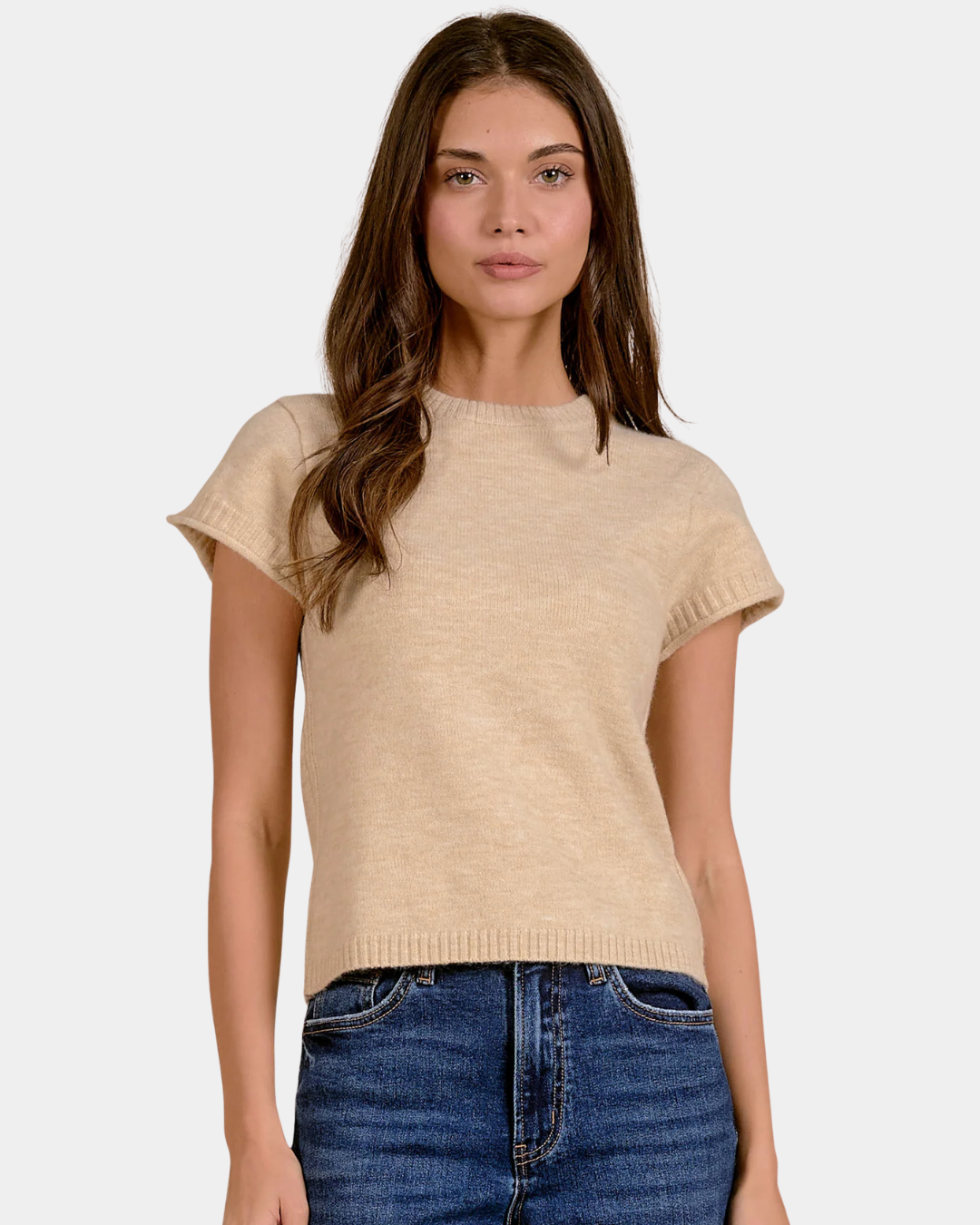 Front view of the Elan Sam Short Sleeve Sweater in Stone