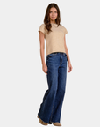 Elan Sam Short Sleeve Sweater in Stone styled with wide leg jeans