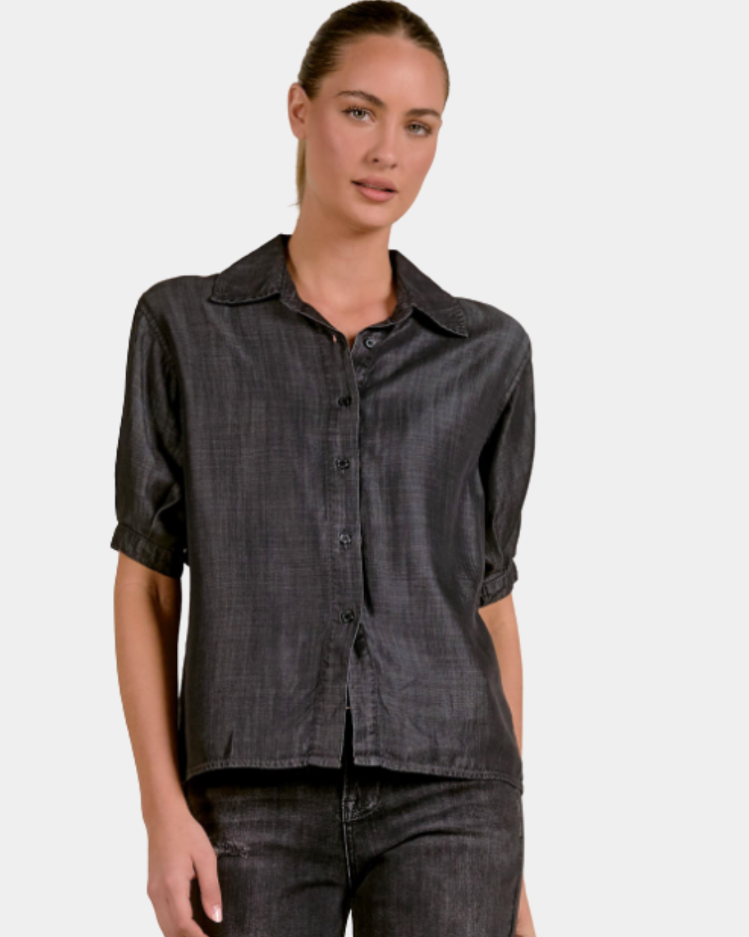 Elan Washed Denim Button Down Shirt in Black showing the collar, button front and washed finish