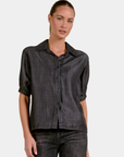 Elan Washed Denim Button Down Shirt in Black showing the collar, button front and washed finish