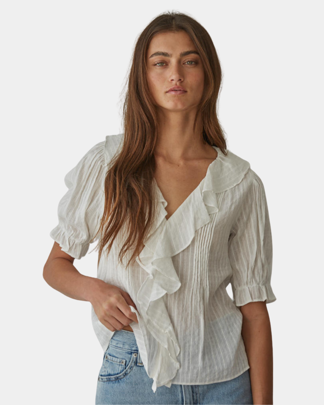 Front view of the Élodie ruffle front blouse featuring soft cascading ruffles and a relaxed silhouette.