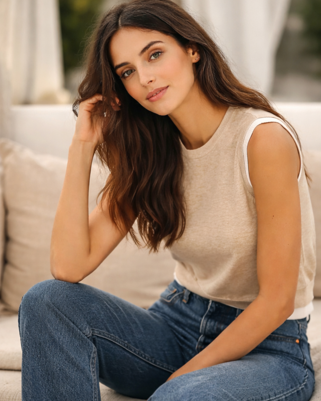 Brunette model in a sand sleeveless knit top styled with dark jeans, seated casually on a sunlit patio.