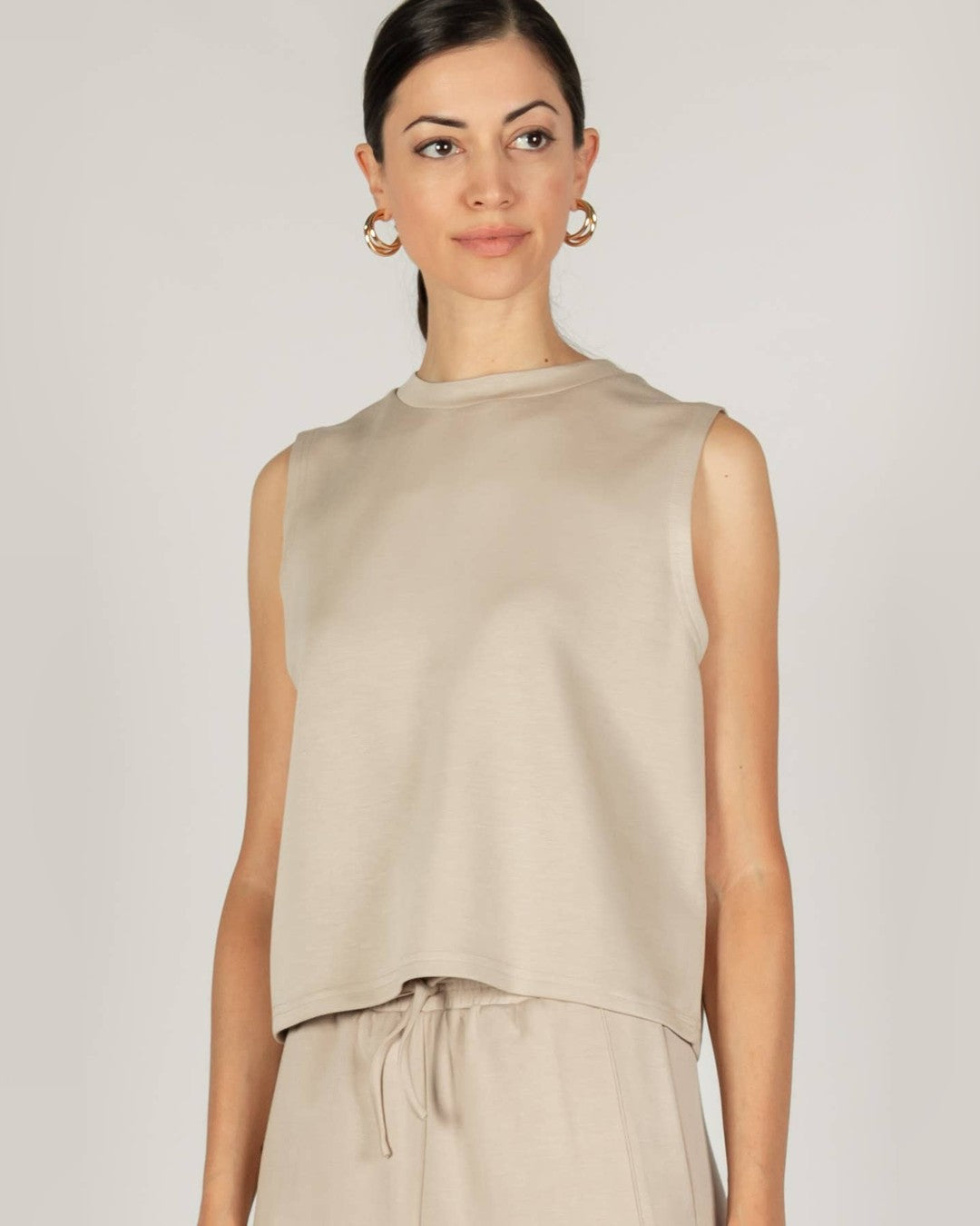 P.CILL Birdie Boxy Tank Top in taupe, front view, with matching drawstring pants