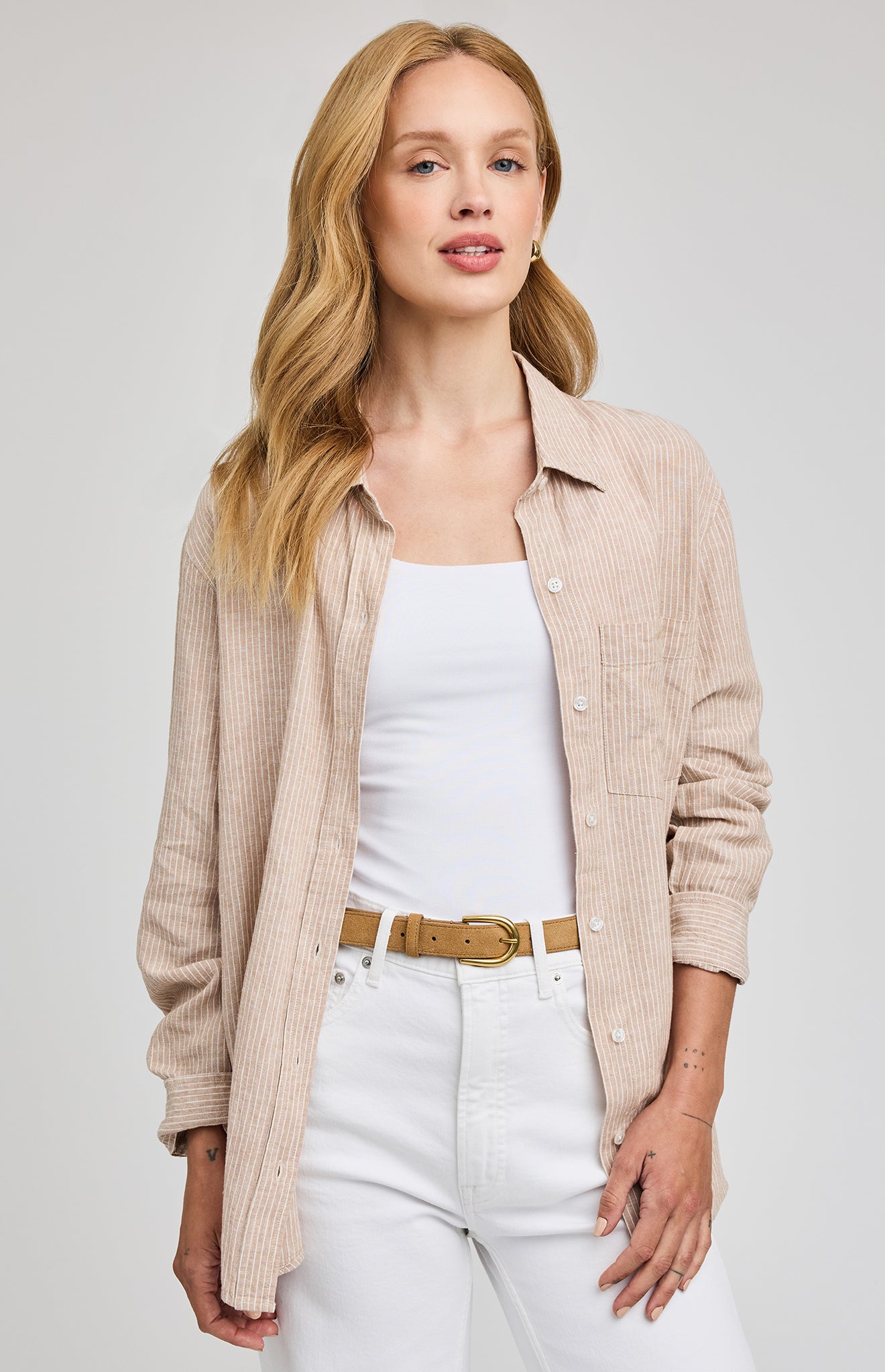 Gentle Fawn Dominique Button Down Shirt striped linen blend front view