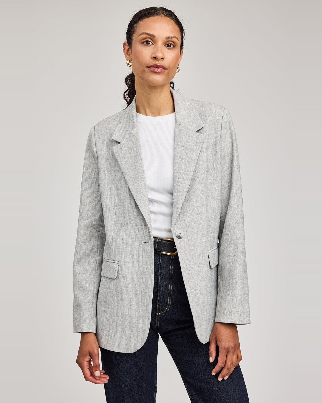 Gentle Fawn Jeanie Blazer in heather ash with notched lapels and a single button, worn over a white tee and dark jeans
