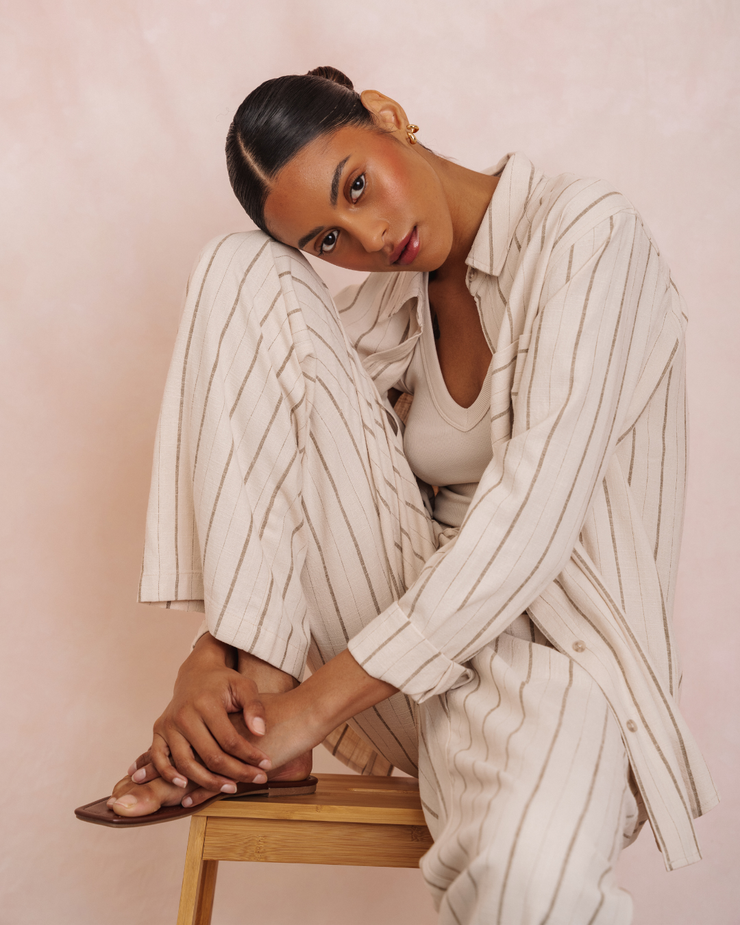 Gentle Fawn Portia linen shirt and Finley linen pants matching set styled in a relaxed lifestyle setting