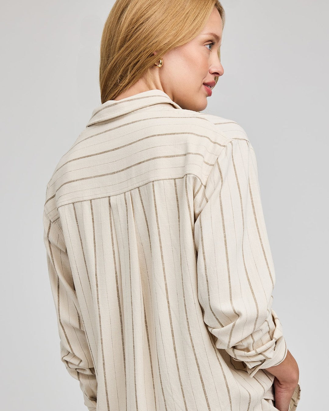 Back view of the Gentle Fawn Portia linen button down shirt in cream and taupe stripe